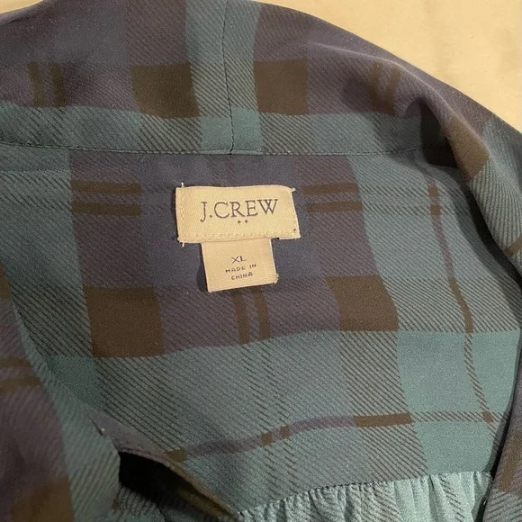 J. Crew Factory Black Watch Plaid Bow Neck Button Front Blouse (XL) - Picture 4 of 5